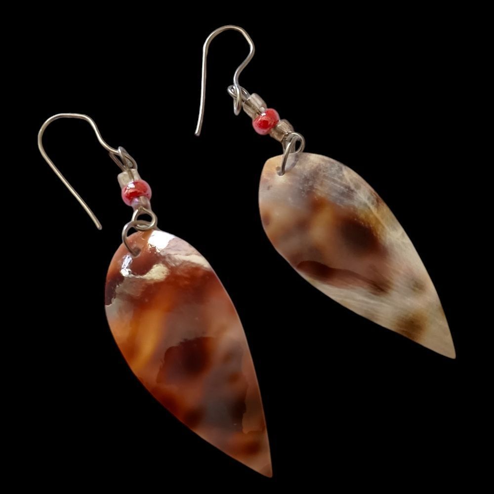 Tiger Cowrie Shell Earrings Dangle Brown Tan Beach Coastal Drop Dainty Bohemian.
